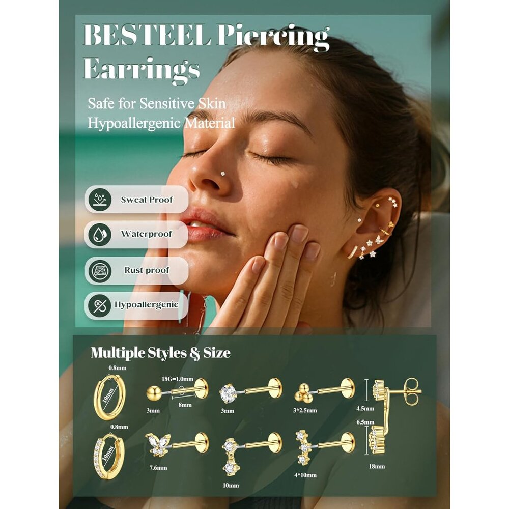 Elegant 9-Pair Threadless Flat Back Earrings Set … - image 7